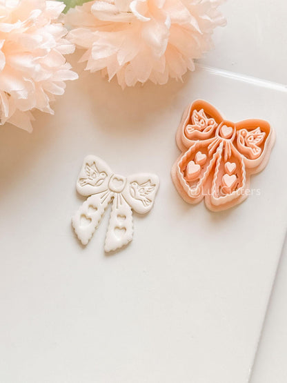 Lovebirds on a Bow Clay Cutter Set: Ribbon Design with Birds & Heart Details