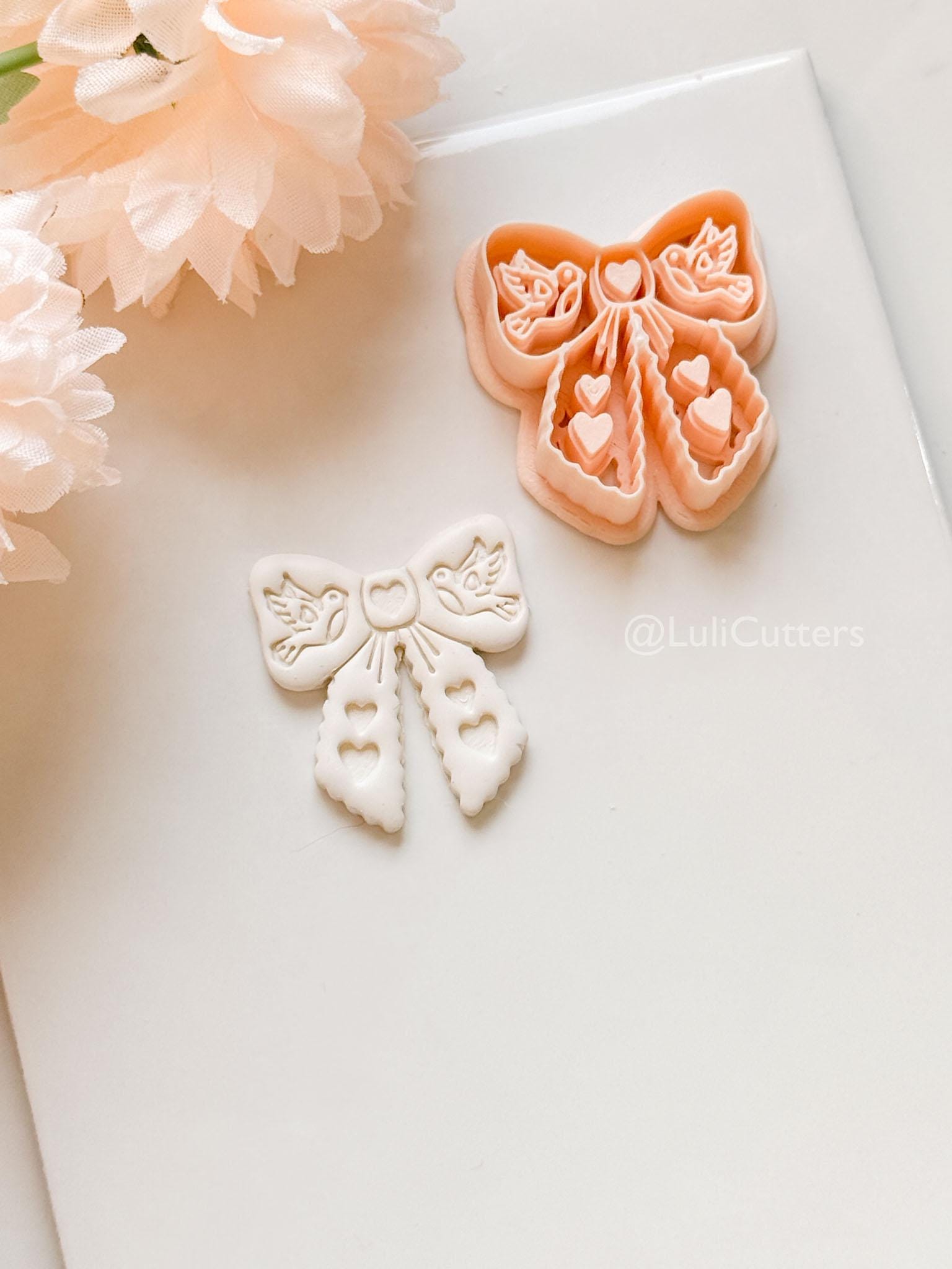 Lovebirds on a Bow Clay Cutter Set: Ribbon Design with Birds & Heart Details