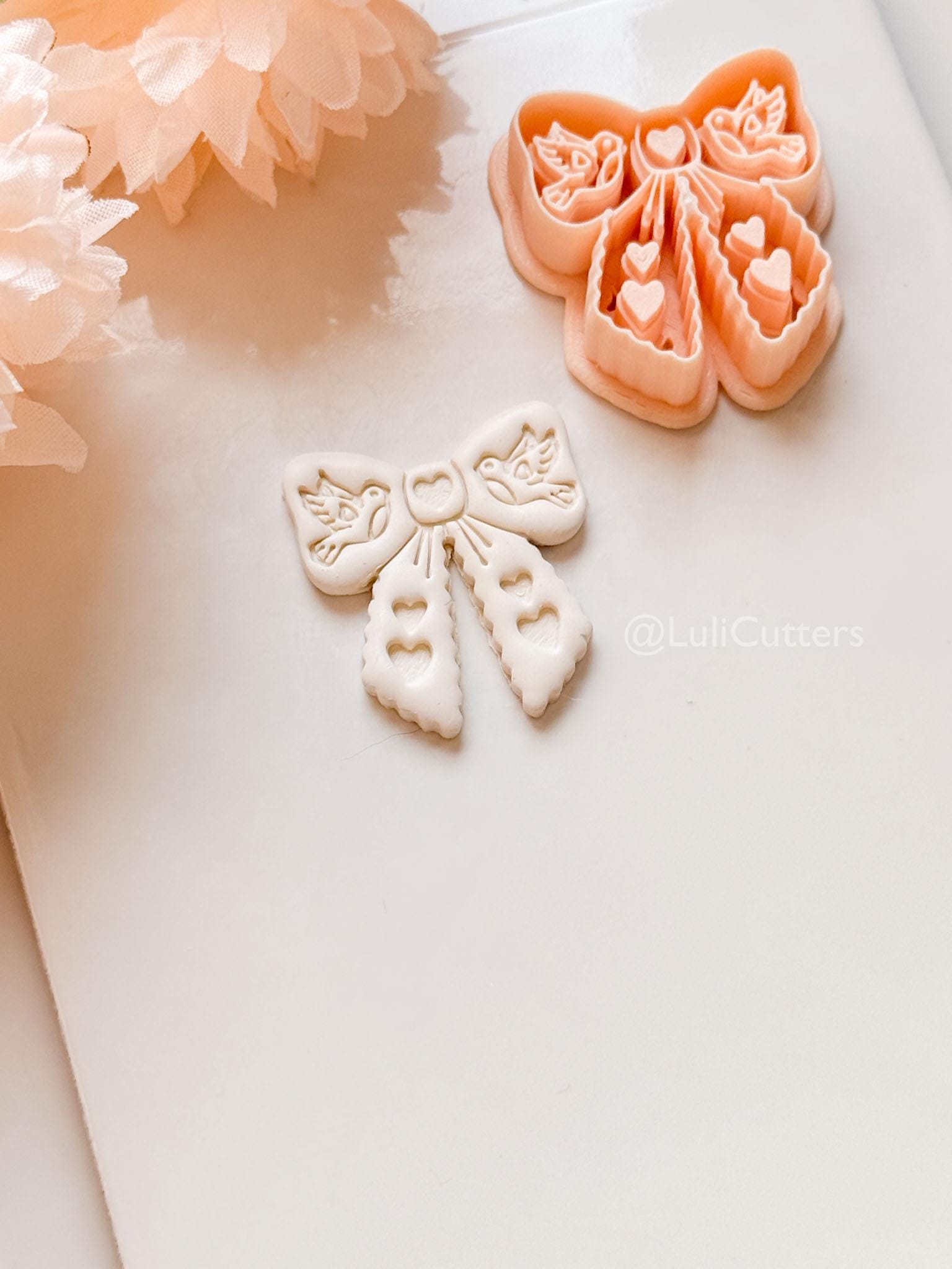 Lovebirds on a Bow Clay Cutter Set: Ribbon Design with Birds & Heart Details