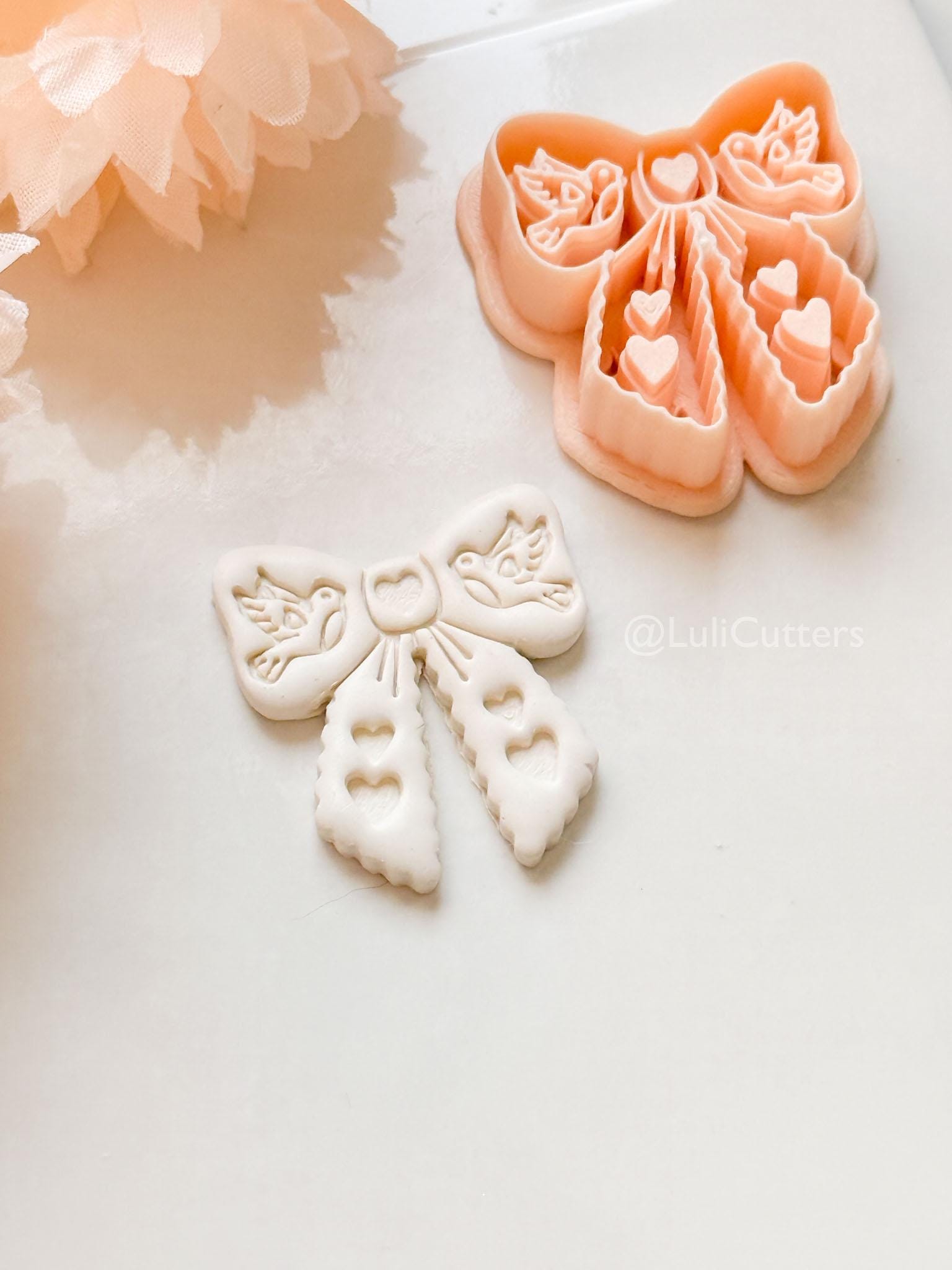 Lovebirds on a Bow Clay Cutter Set: Ribbon Design with Birds & Heart Details