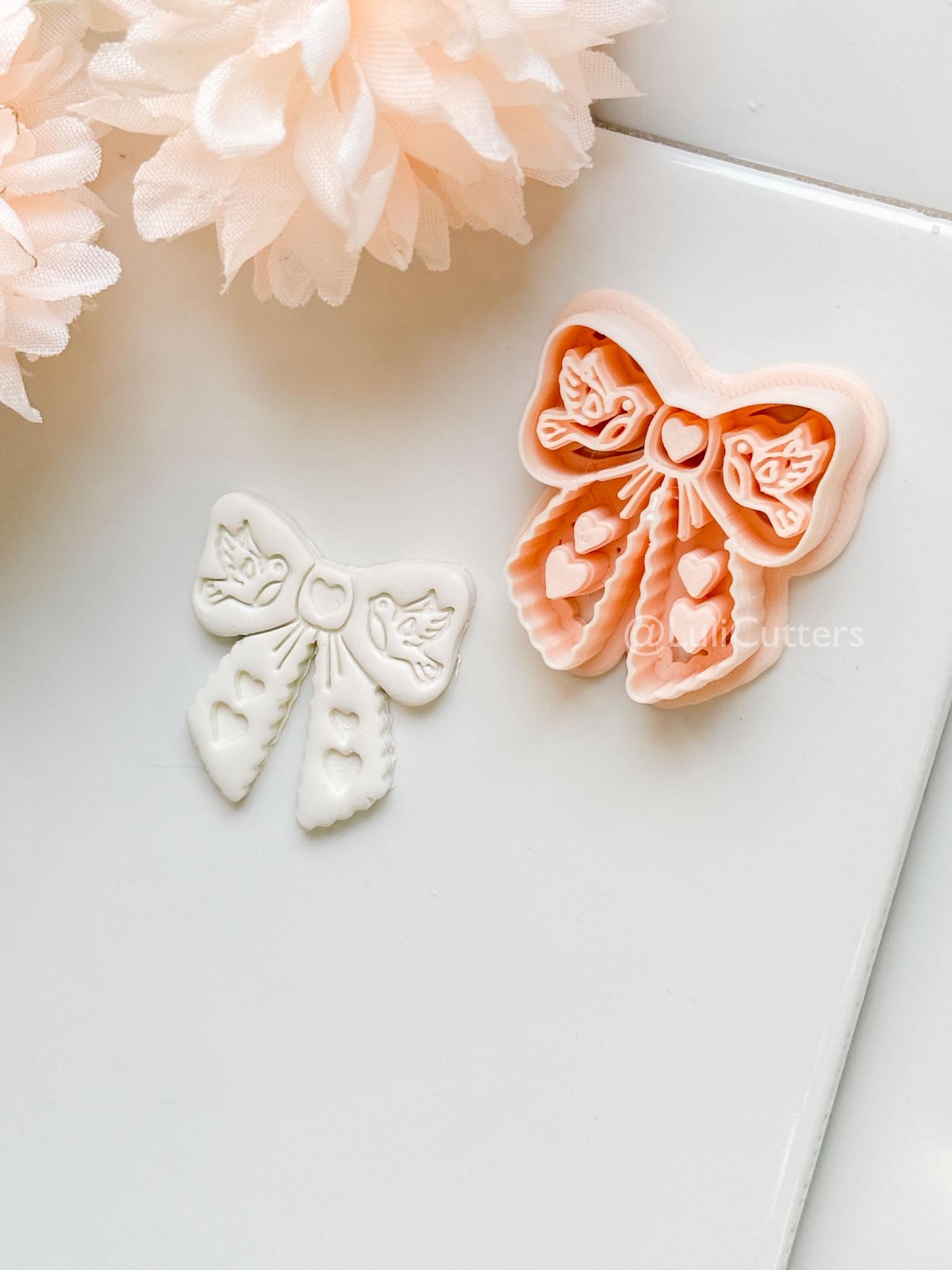 Lovebirds on a Bow Clay Cutter Set: Ribbon Design with Birds & Heart Details