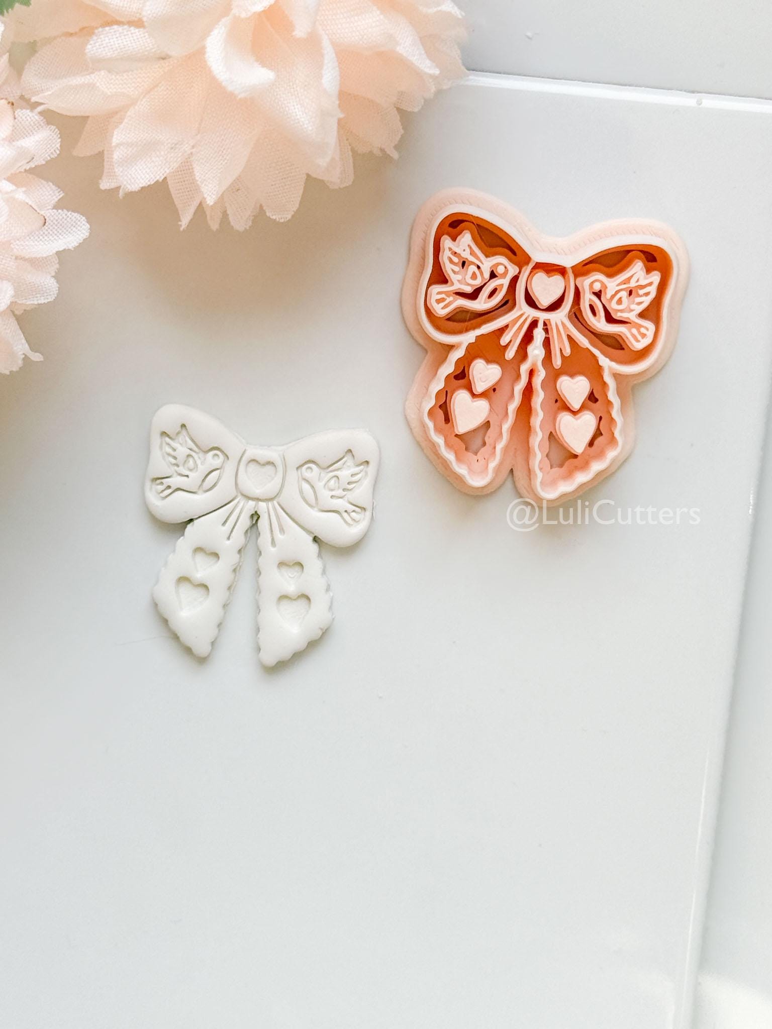 Lovebirds on a Bow Clay Cutter Set: Ribbon Design with Birds & Heart Details