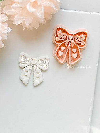 Lovebirds on a Bow Clay Cutter Set: Ribbon Design with Birds & Heart Details
