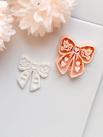 Lovebirds on a Bow Clay Cutter Set: Ribbon Design with Birds & Heart Details