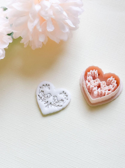 Love Birds Clay Cutter Set: Scalloped Heart with Floral Bird Embossed Design