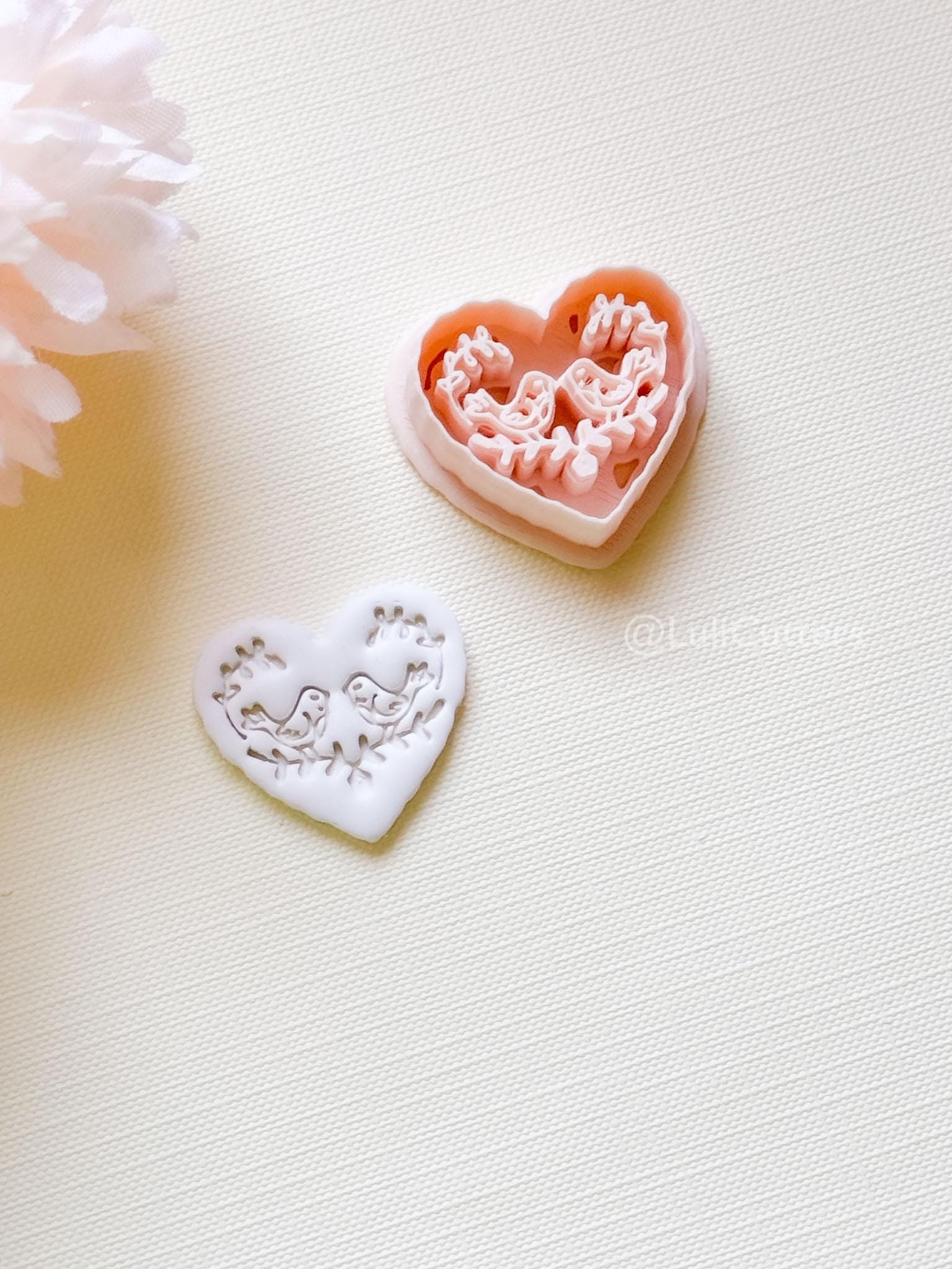 Love Birds Clay Cutter Set: Scalloped Heart with Floral Bird Embossed Design