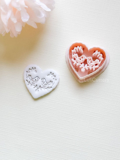 Love Birds Clay Cutter Set: Scalloped Heart with Floral Bird Embossed Design