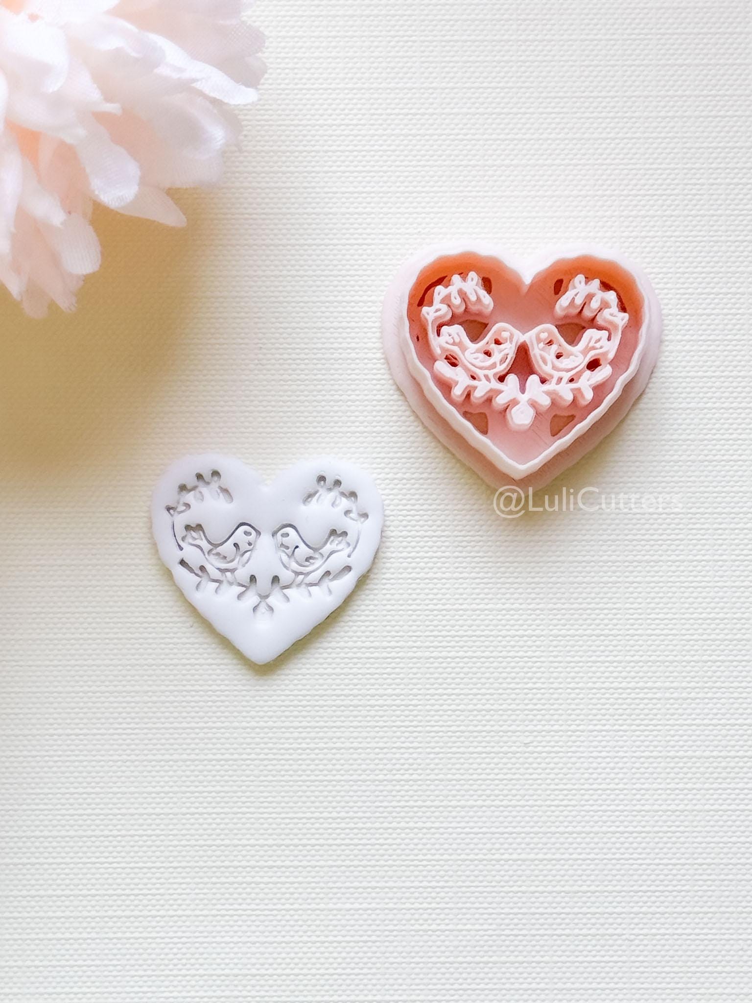 Love Birds Clay Cutter Set: Scalloped Heart with Floral Bird Embossed Design