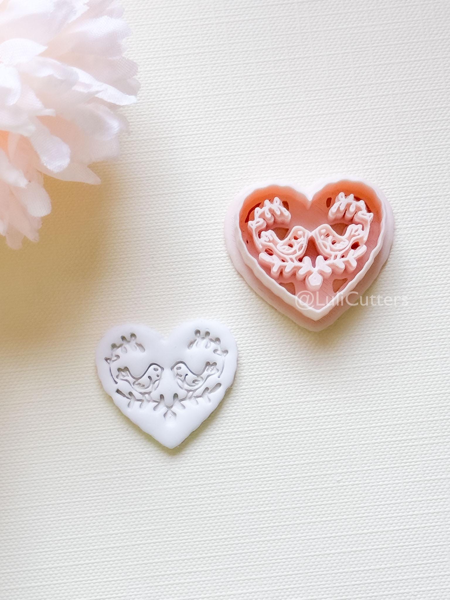 Love Birds Clay Cutter Set: Scalloped Heart with Floral Bird Embossed Design