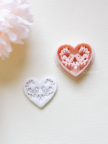Love Birds Clay Cutter Set: Scalloped Heart with Floral Bird Embossed Design