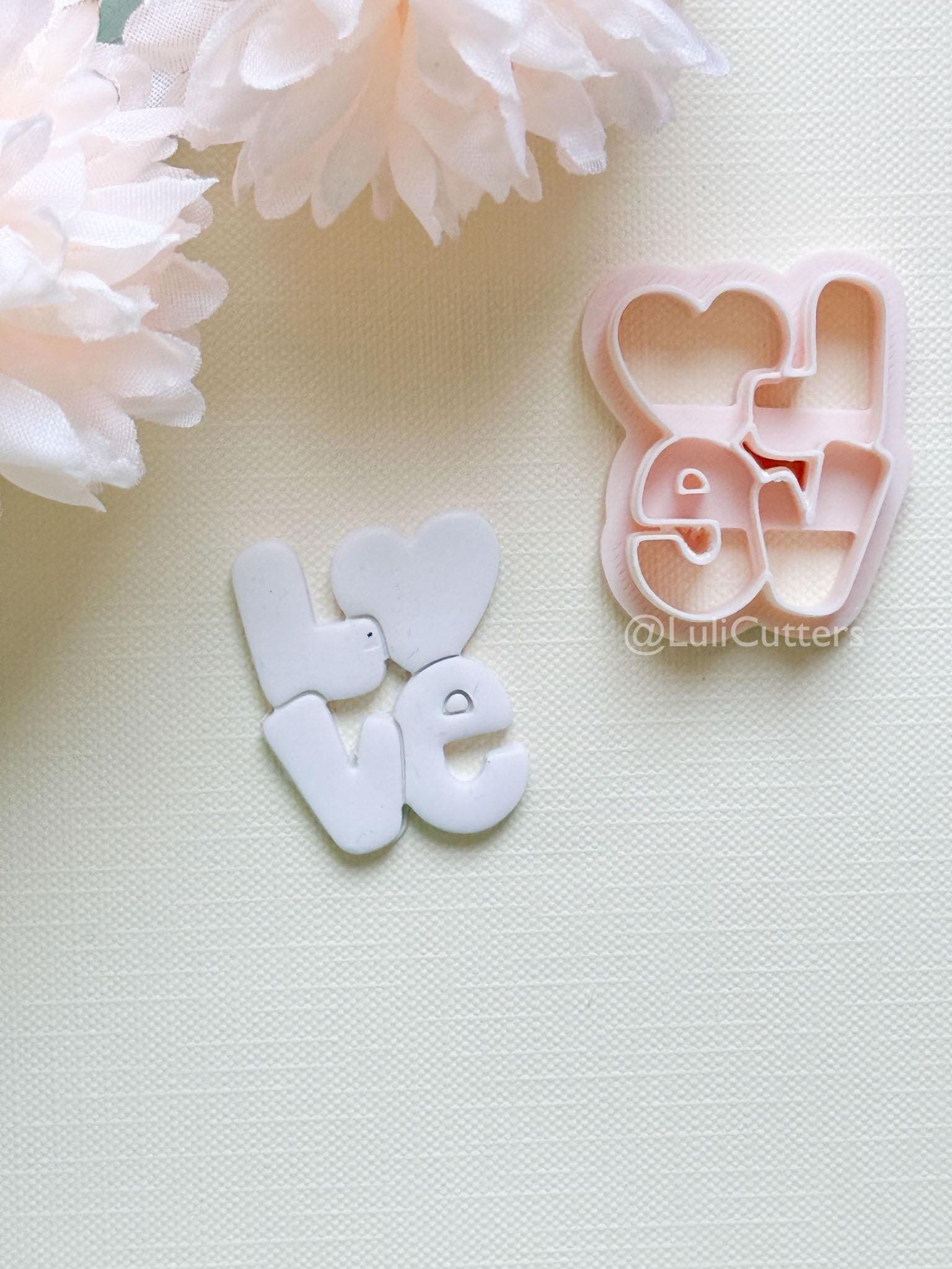 Love Pop Bubble Letter Clay Cutter: Heart Script Design