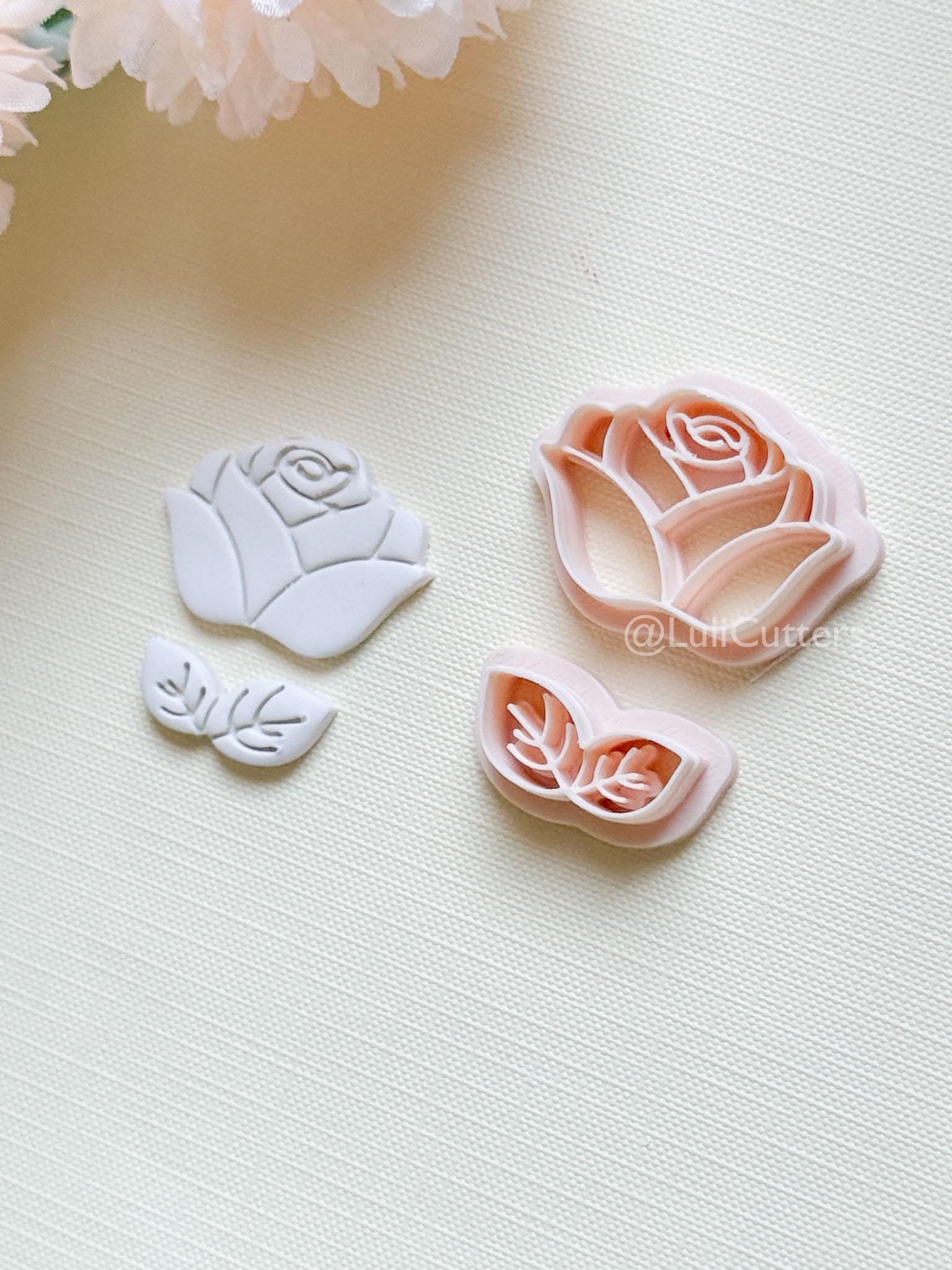Roselle Clay Cutter Set: Rose and Leaf Design