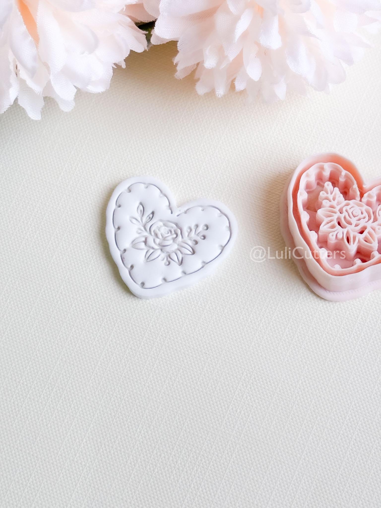 Rosy Lace Heart Clay Cutter Set: Floral Rose Design with Scalloped Detailing