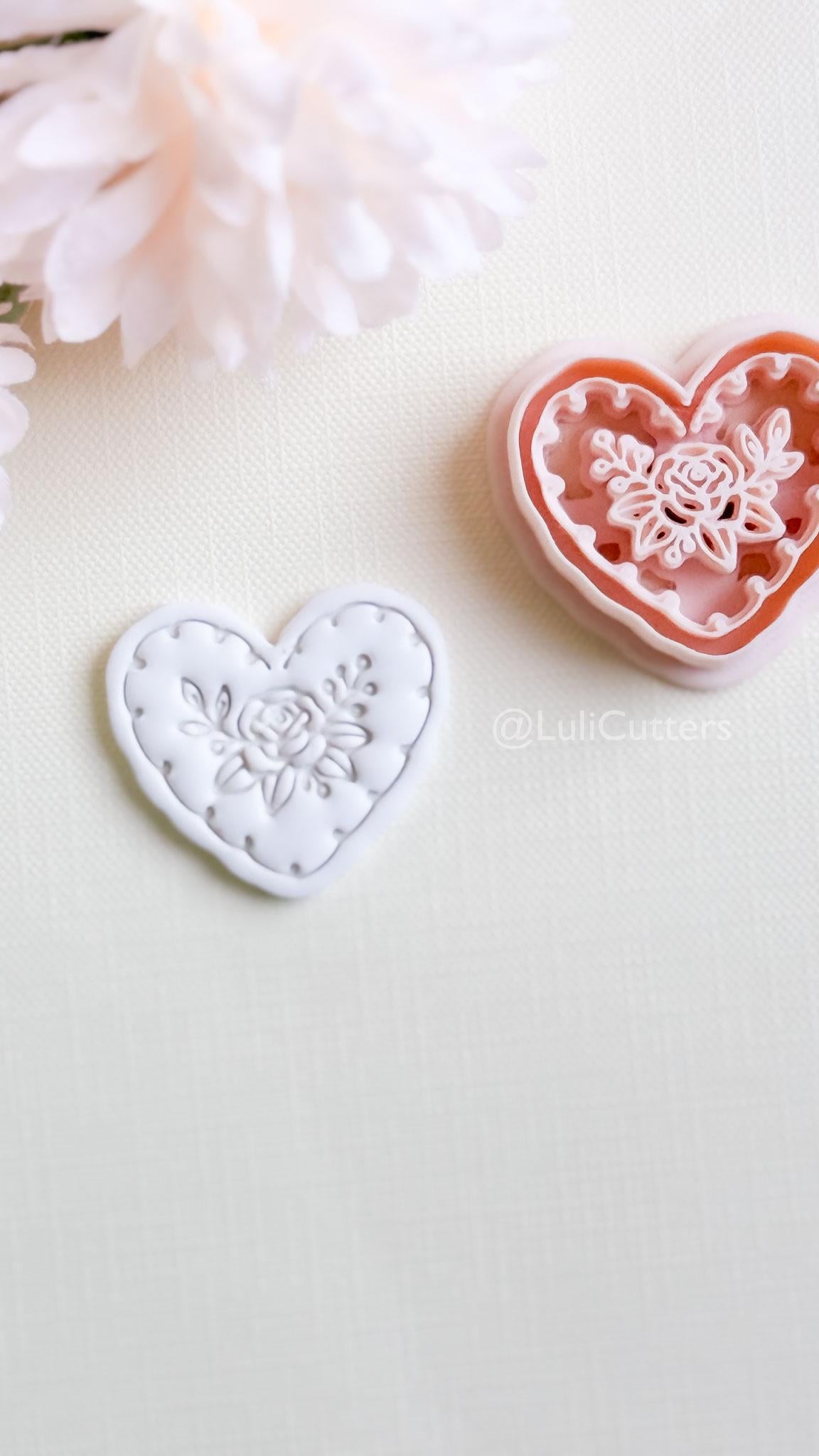 Rosy Lace Heart Clay Cutter Set: Floral Rose Design with Scalloped Detailing