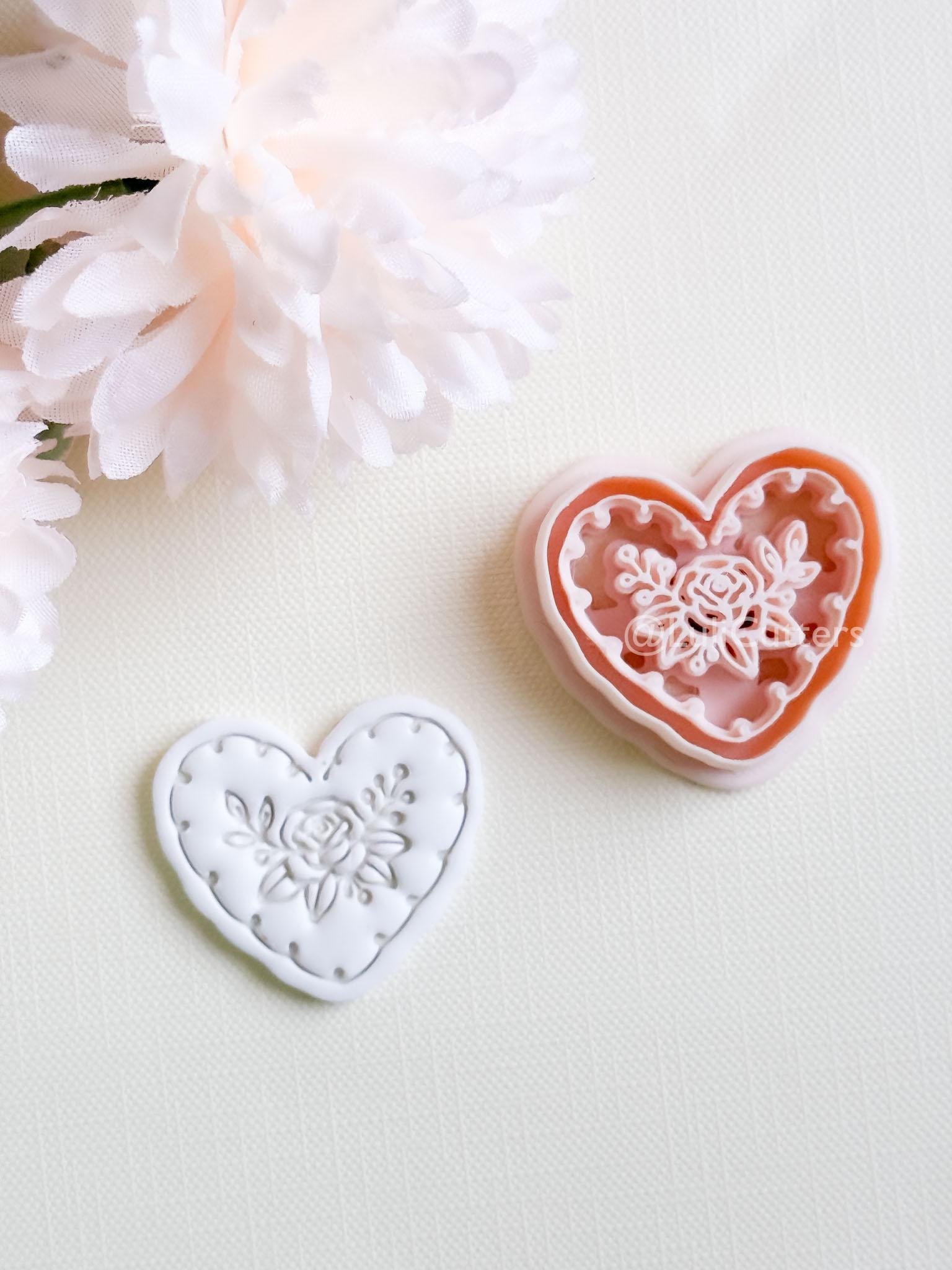 Rosy Lace Heart Clay Cutter Set: Floral Rose Design with Scalloped Detailing