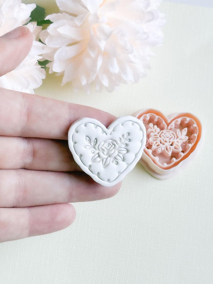 Rosy Lace Heart Clay Cutter Set: Floral Rose Design with Scalloped Detailing