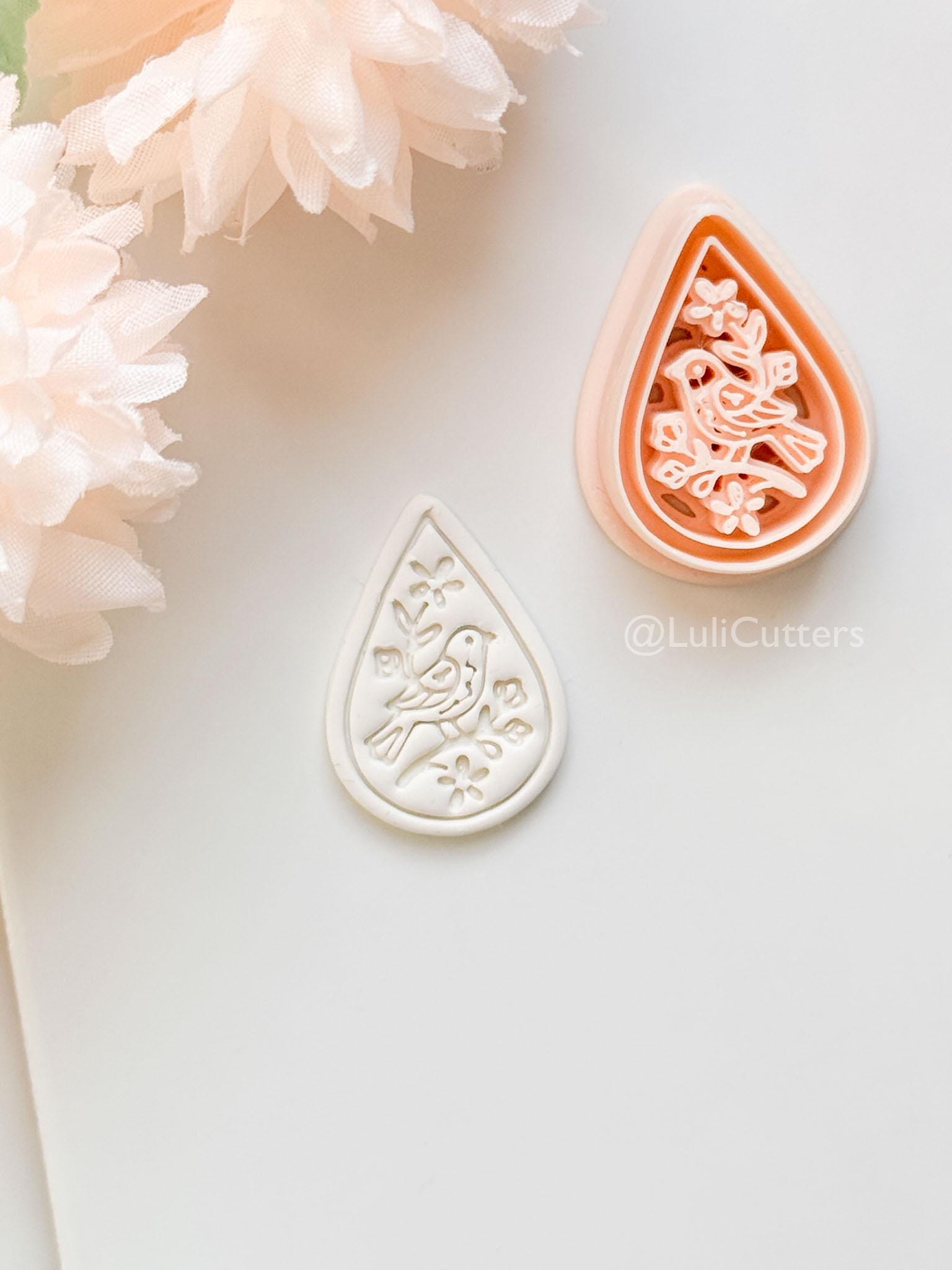 Garden Chirp Clay Cutter Set: Teardrop Floral Bird Embossed Design