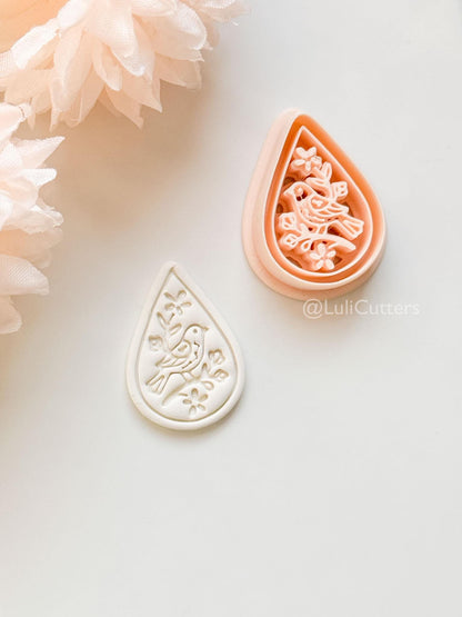 Garden Chirp Clay Cutter Set: Teardrop Floral Bird Embossed Design