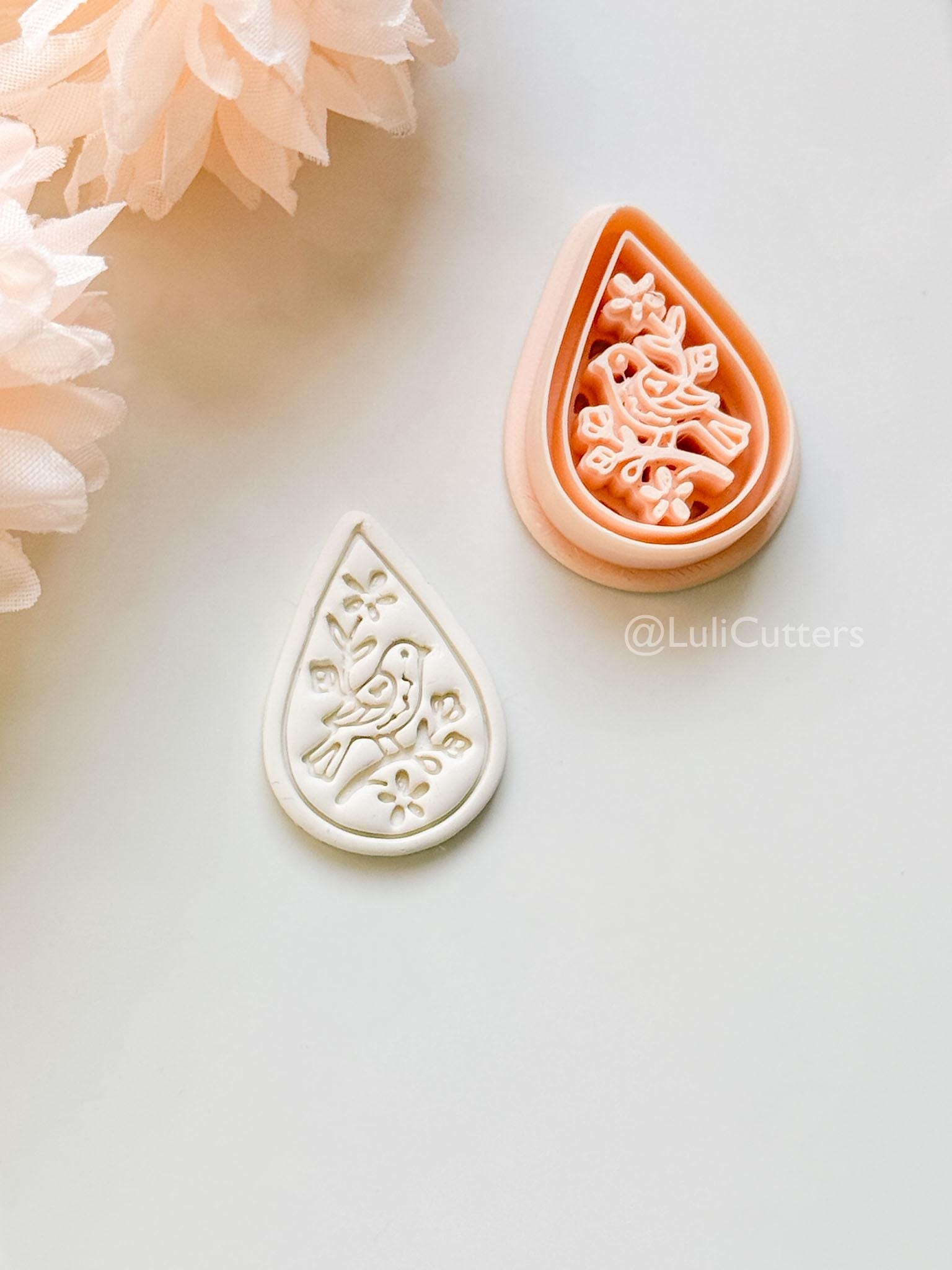 Garden Chirp Clay Cutter Set: Teardrop Floral Bird Embossed Design