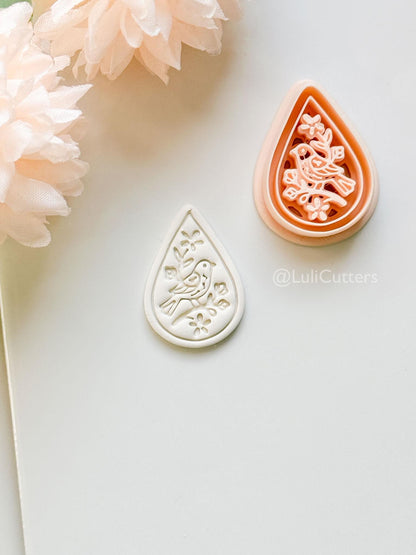 Garden Chirp Clay Cutter Set: Teardrop Floral Bird Embossed Design