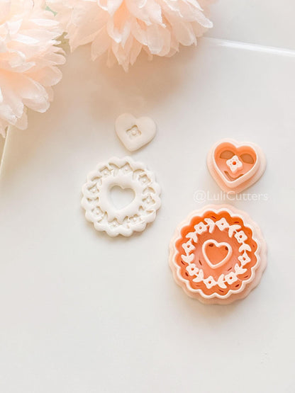 Blooming Halo Clay Cutter Set: Floral Heart Embossed Scallop Design