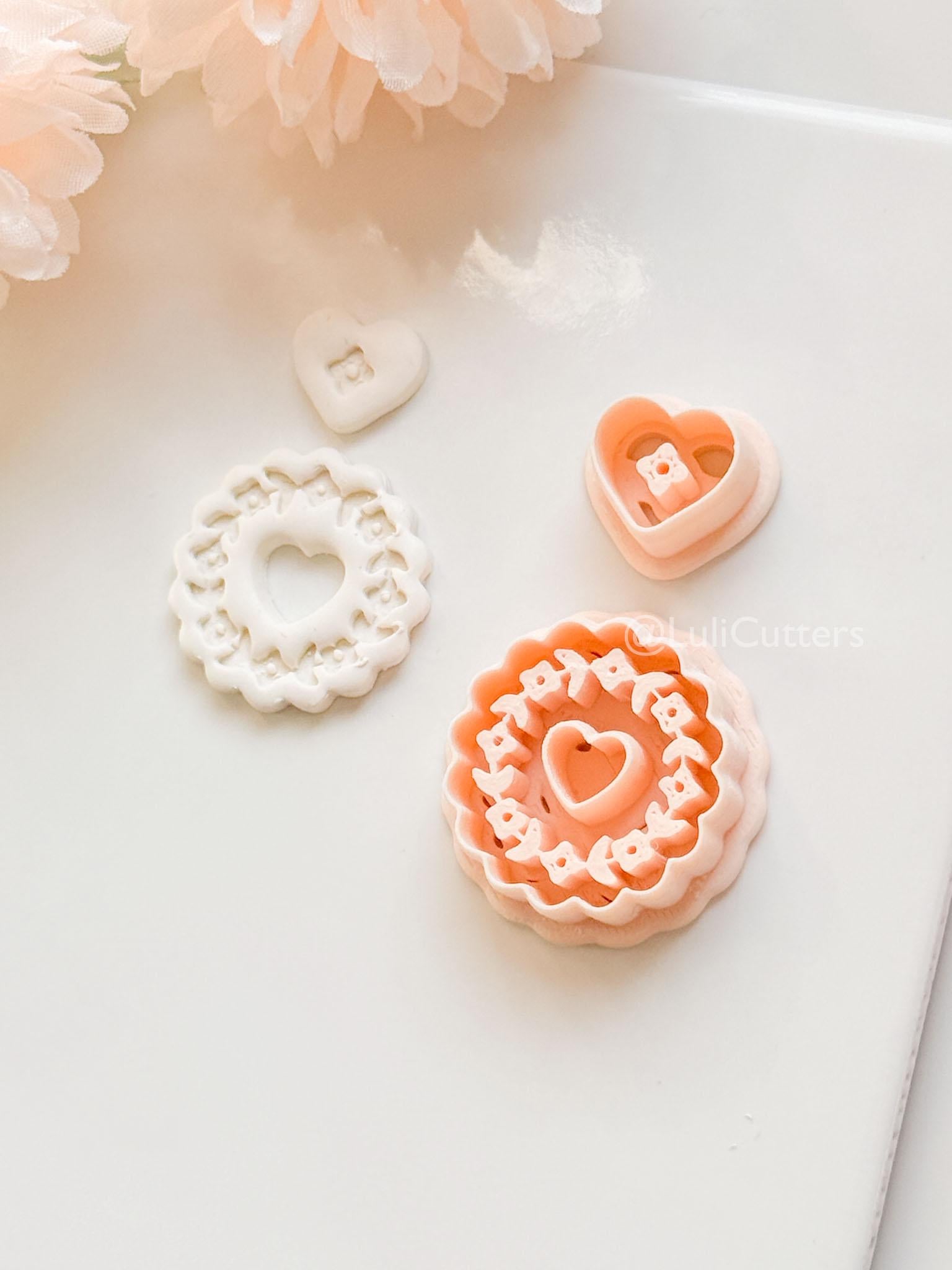 Blooming Halo Clay Cutter Set: Floral Heart Embossed Scallop Design