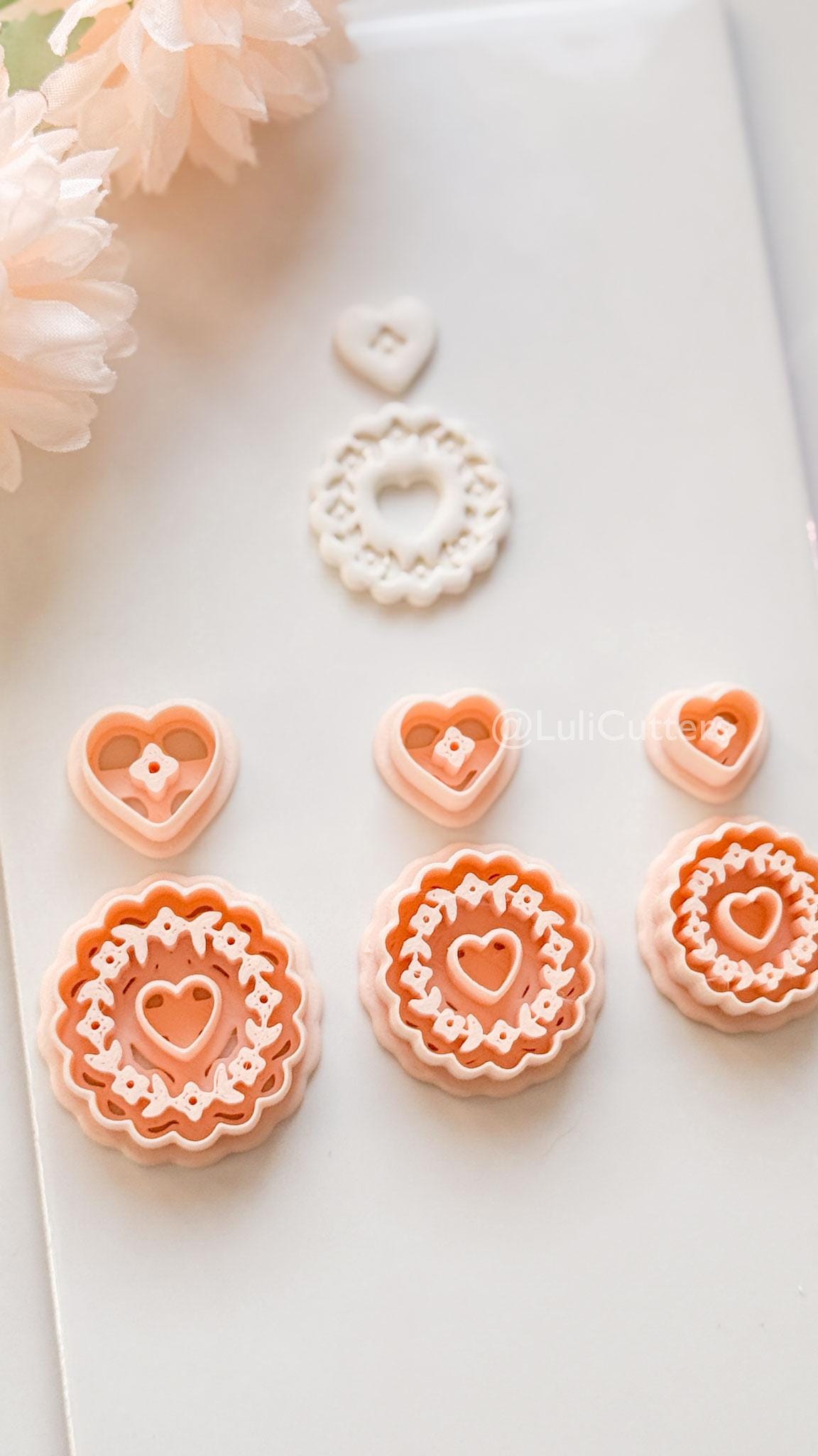 Blooming Halo Clay Cutter Set: Floral Heart Embossed Scallop Design