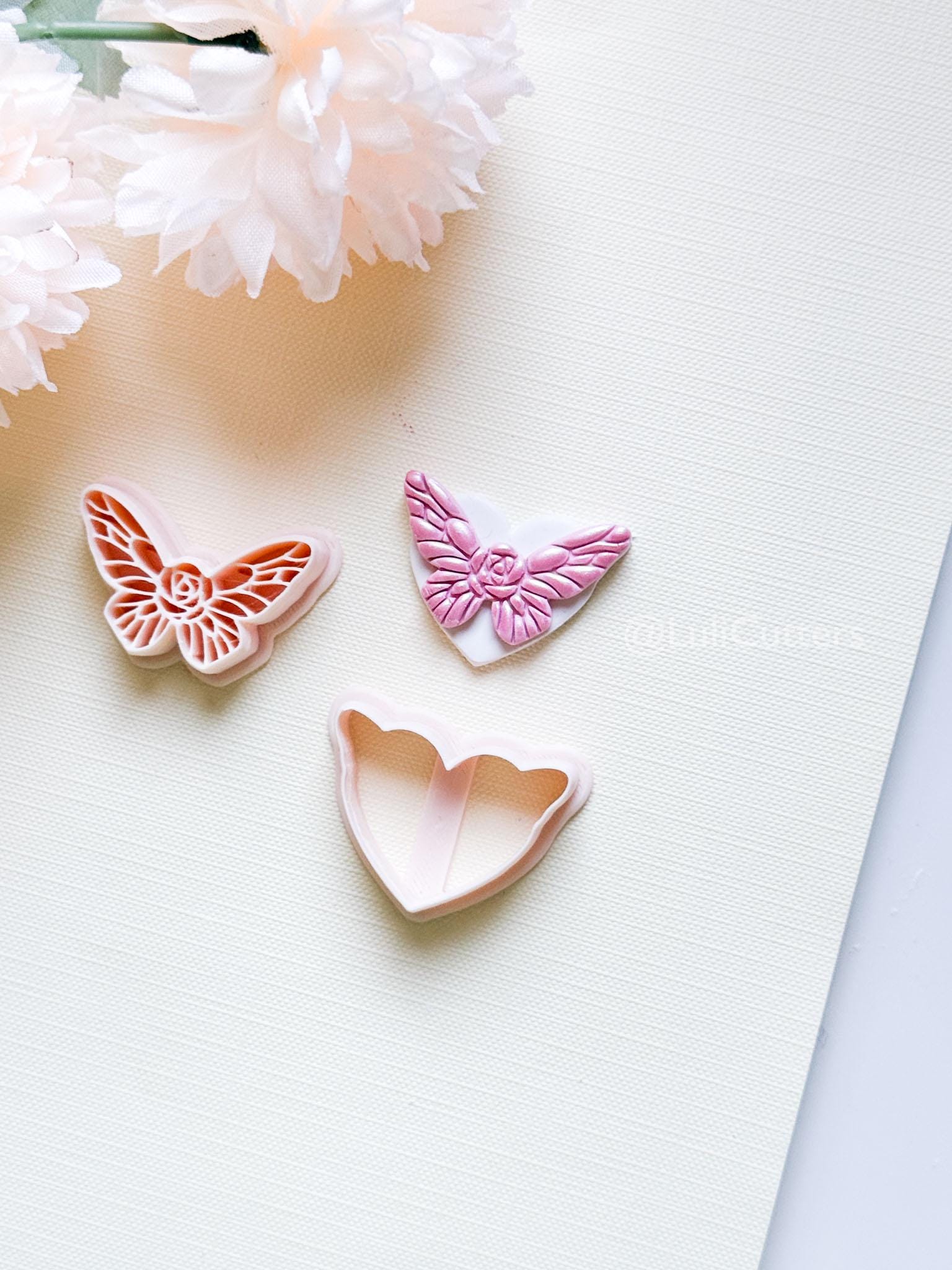 NoraFly Clay Cutter: Rose Butterfly Topper with Heart Base