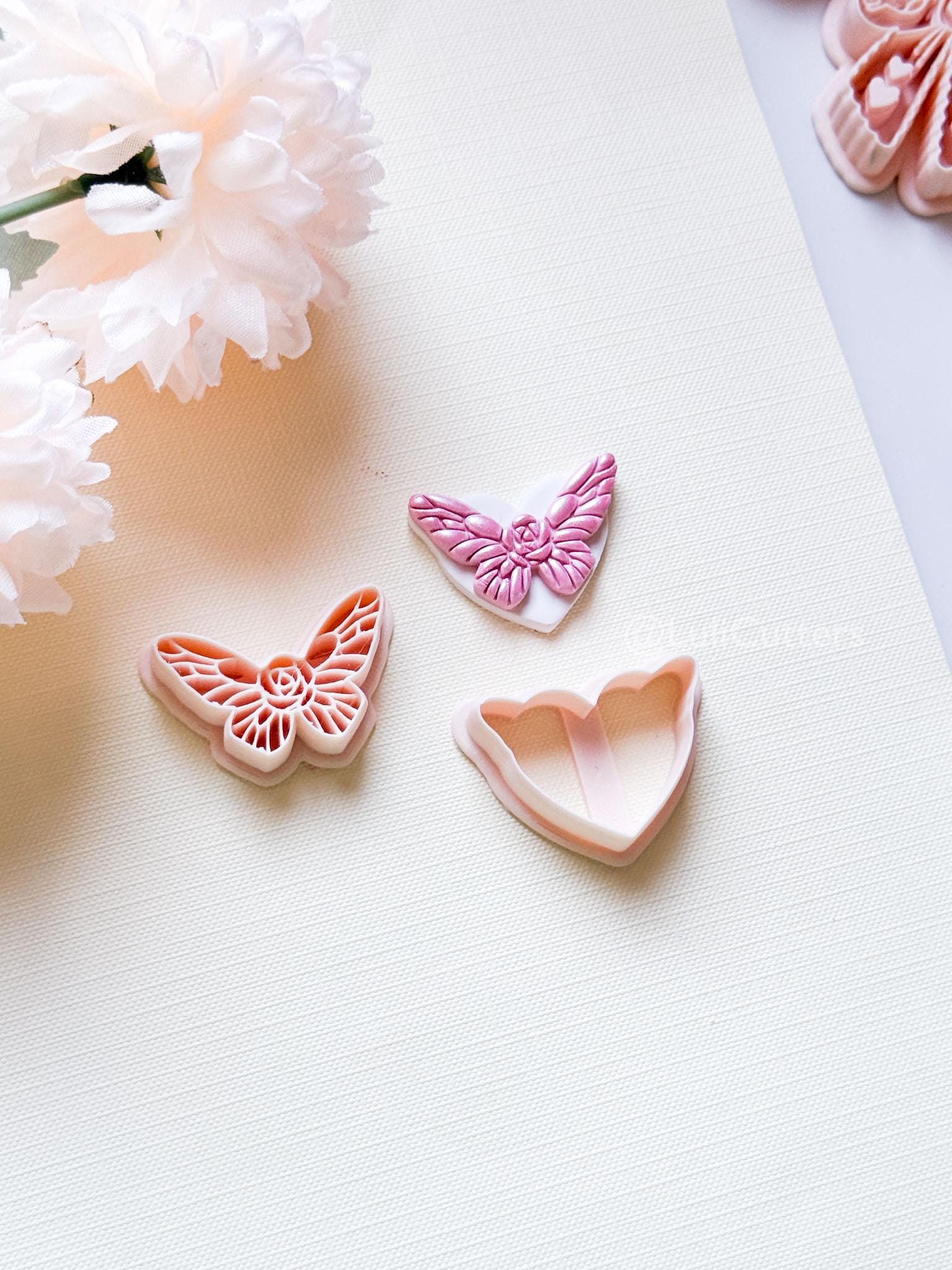 NoraFly Clay Cutter: Rose Butterfly Topper with Heart Base