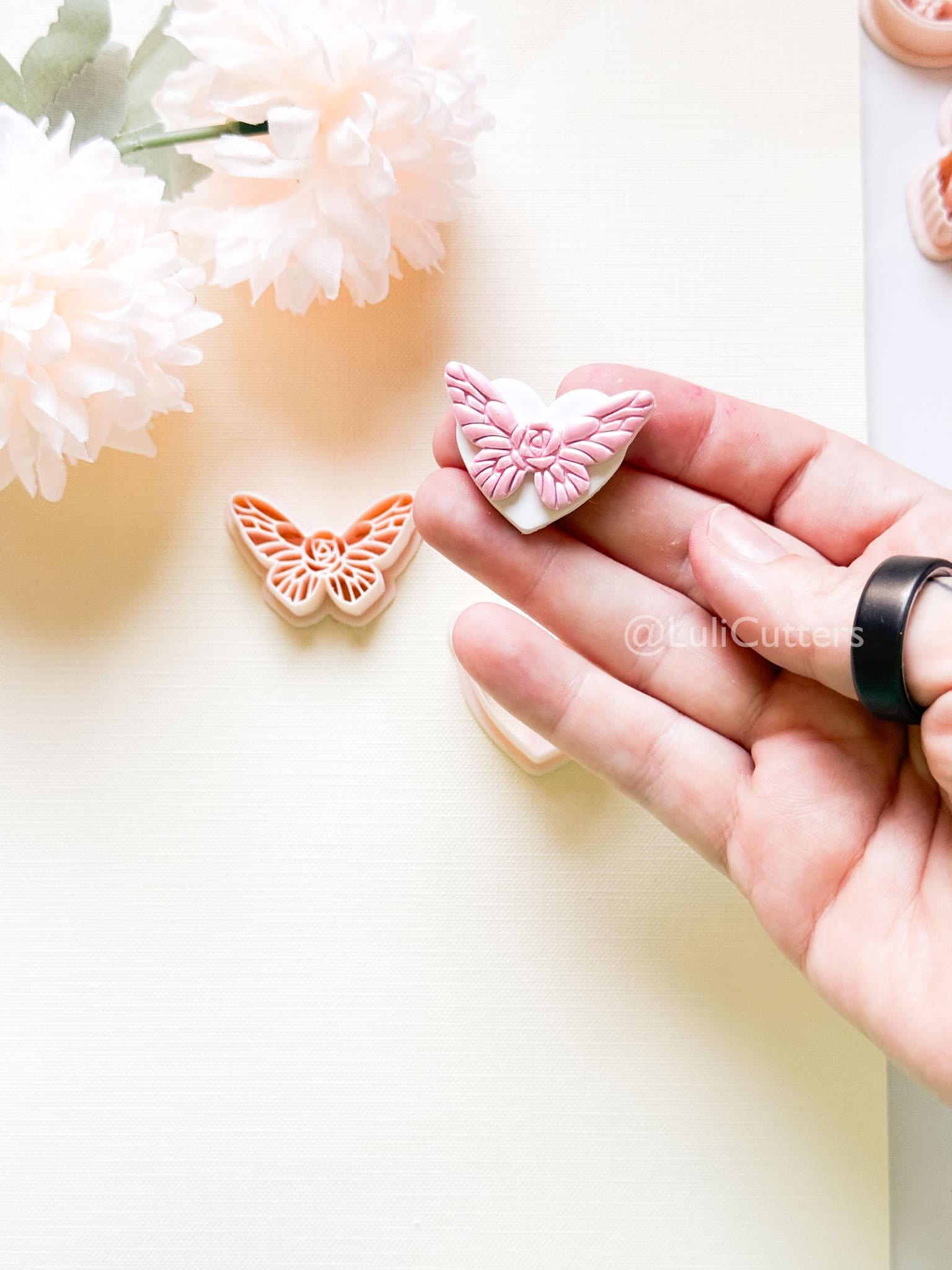 NoraFly Clay Cutter: Rose Butterfly Topper with Heart Base