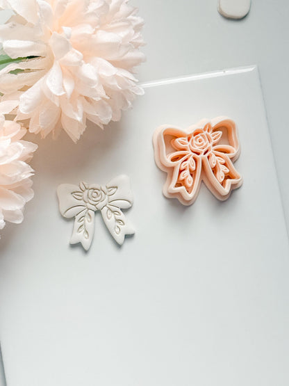 Bow Rosa Floral Clay Cutter: Rose Bloom Bow with Leaf Details