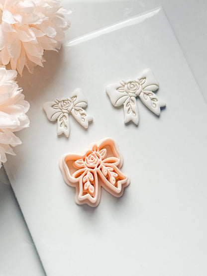 Bow Rosa Floral Clay Cutter: Rose Bloom Bow with Leaf Details