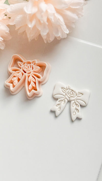 Bow Rosa Floral Clay Cutter: Rose Bloom Bow with Leaf Details