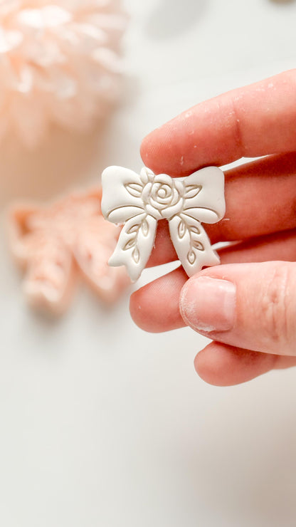 Bow Rosa Floral Clay Cutter: Rose Bloom Bow with Leaf Details