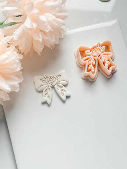 Bow Rosa Floral Clay Cutter: Rose Bloom Bow with Leaf Details