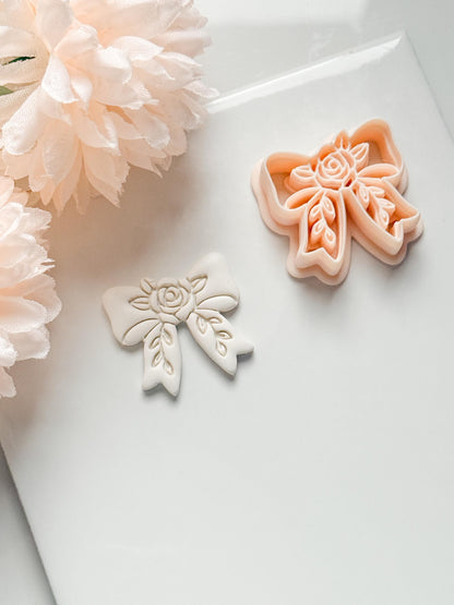 Bow Rosa Floral Clay Cutter: Rose Bloom Bow with Leaf Details