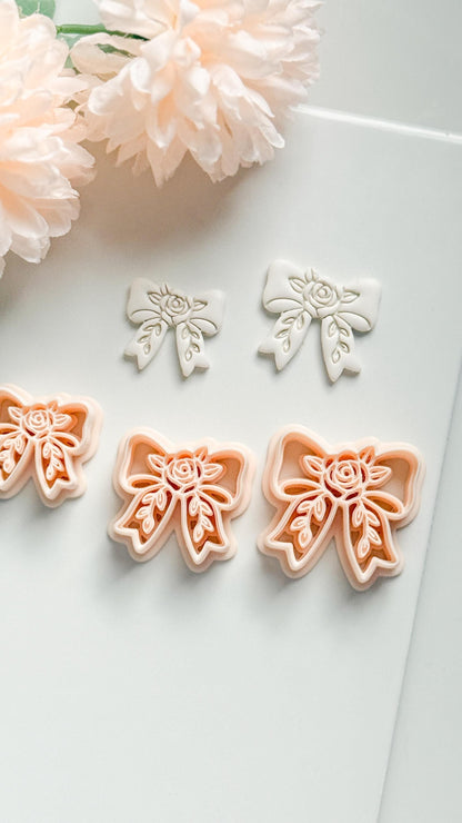 Bow Rosa Floral Clay Cutter: Rose Bloom Bow with Leaf Details