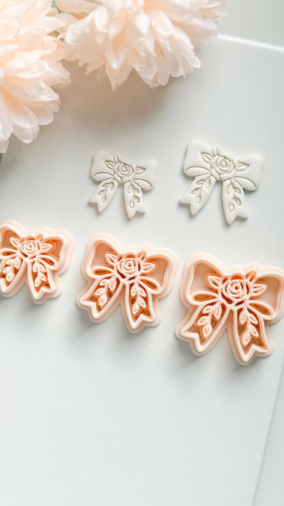 Bow Rosa Floral Clay Cutter: Rose Bloom Bow with Leaf Details