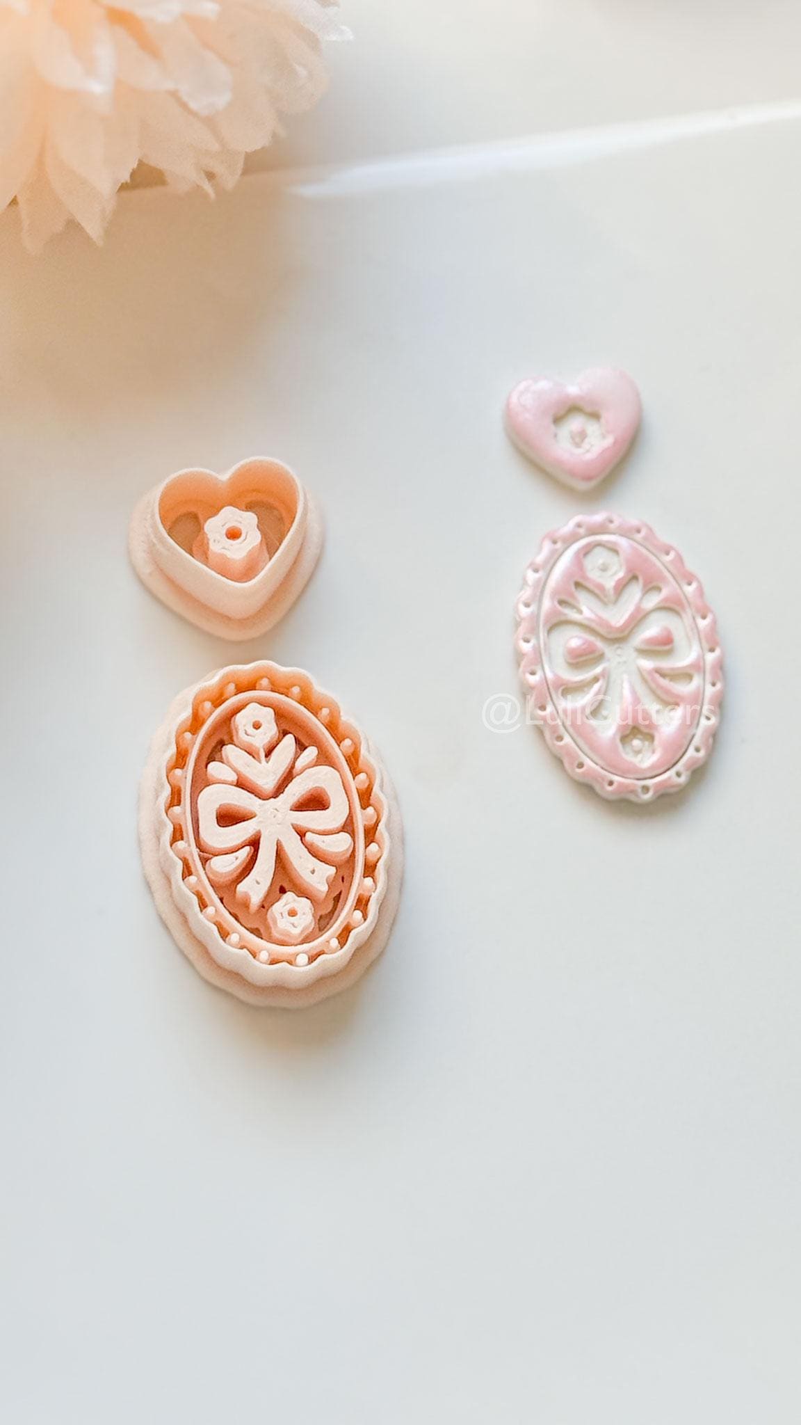 Amelia Bow & Floral Clay Cutter: Oval Pendant and Heart Topper Set