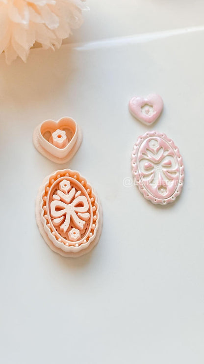 Amelia Bow & Floral Clay Cutter: Oval Pendant and Heart Topper Set
