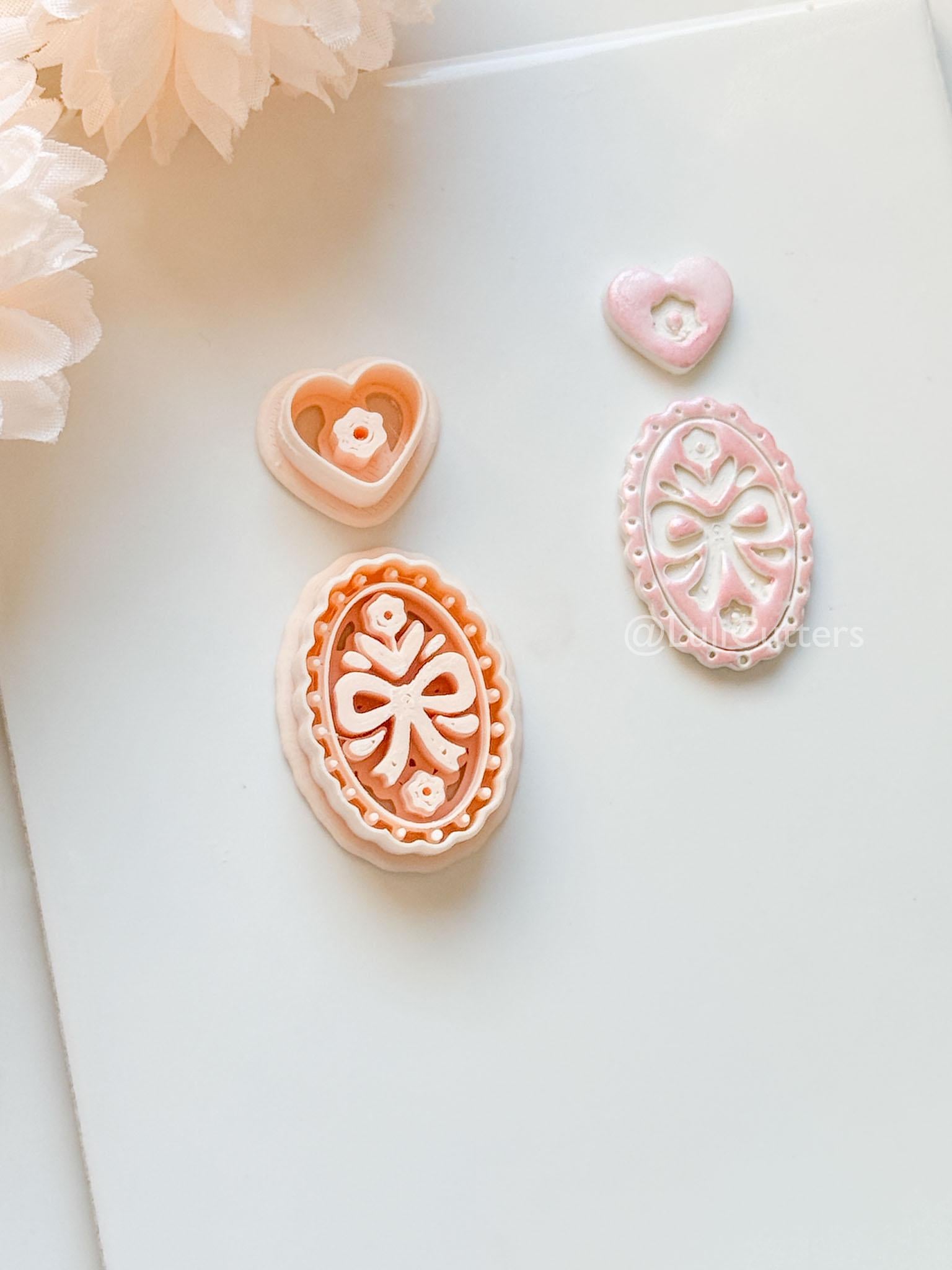Amelia Bow & Floral Clay Cutter: Oval Pendant and Heart Topper Set