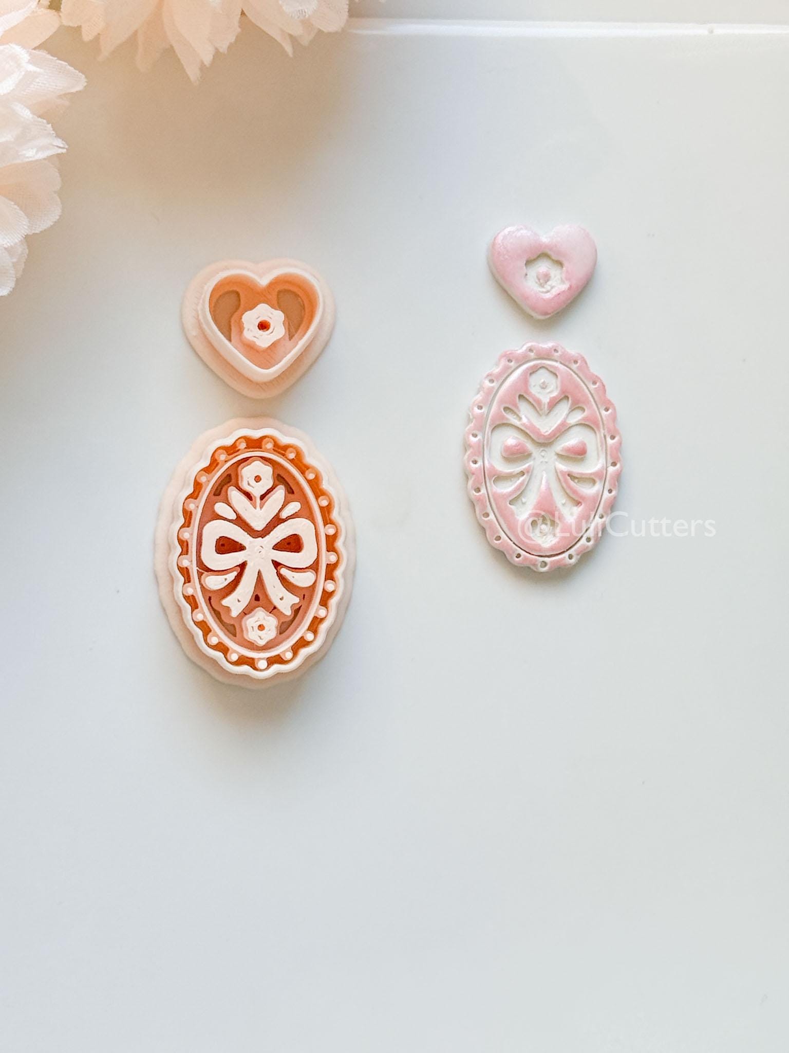 Amelia Bow & Floral Clay Cutter: Oval Pendant and Heart Topper Set