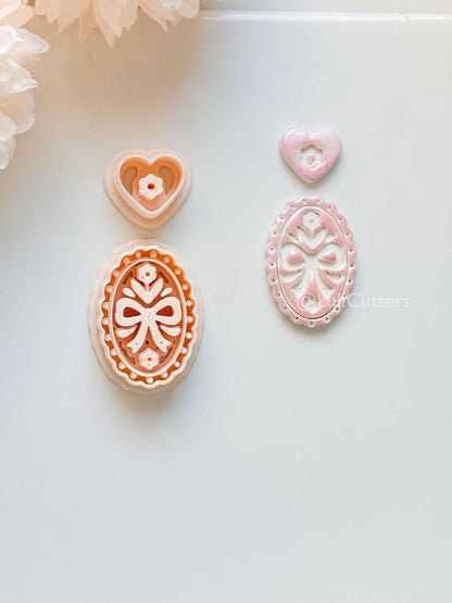 Amelia Bow & Floral Clay Cutter: Oval Pendant and Heart Topper Set