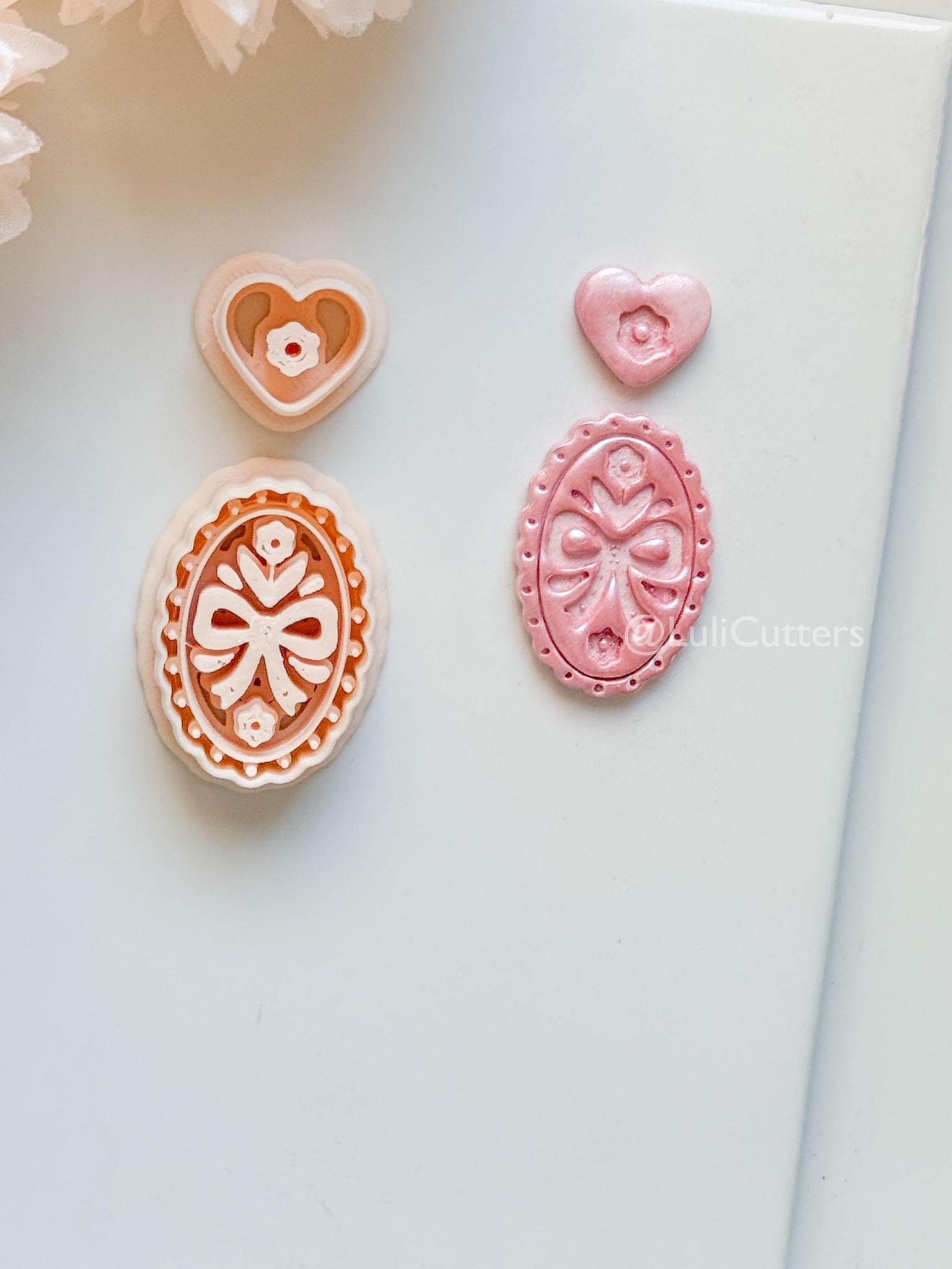 Amelia Bow & Floral Clay Cutter: Oval Pendant and Heart Topper Set