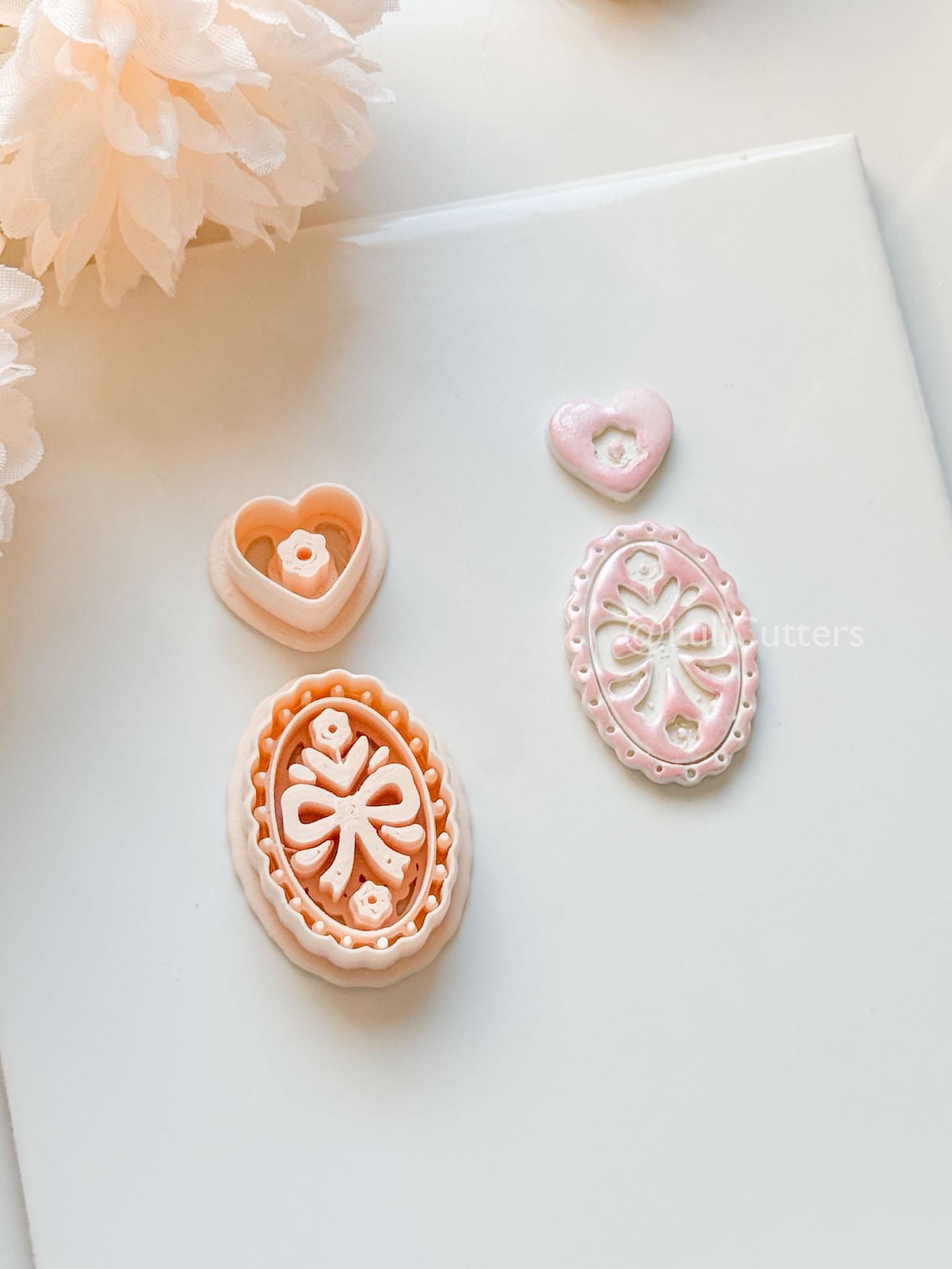 Amelia Bow & Floral Clay Cutter: Oval Pendant and Heart Topper Set
