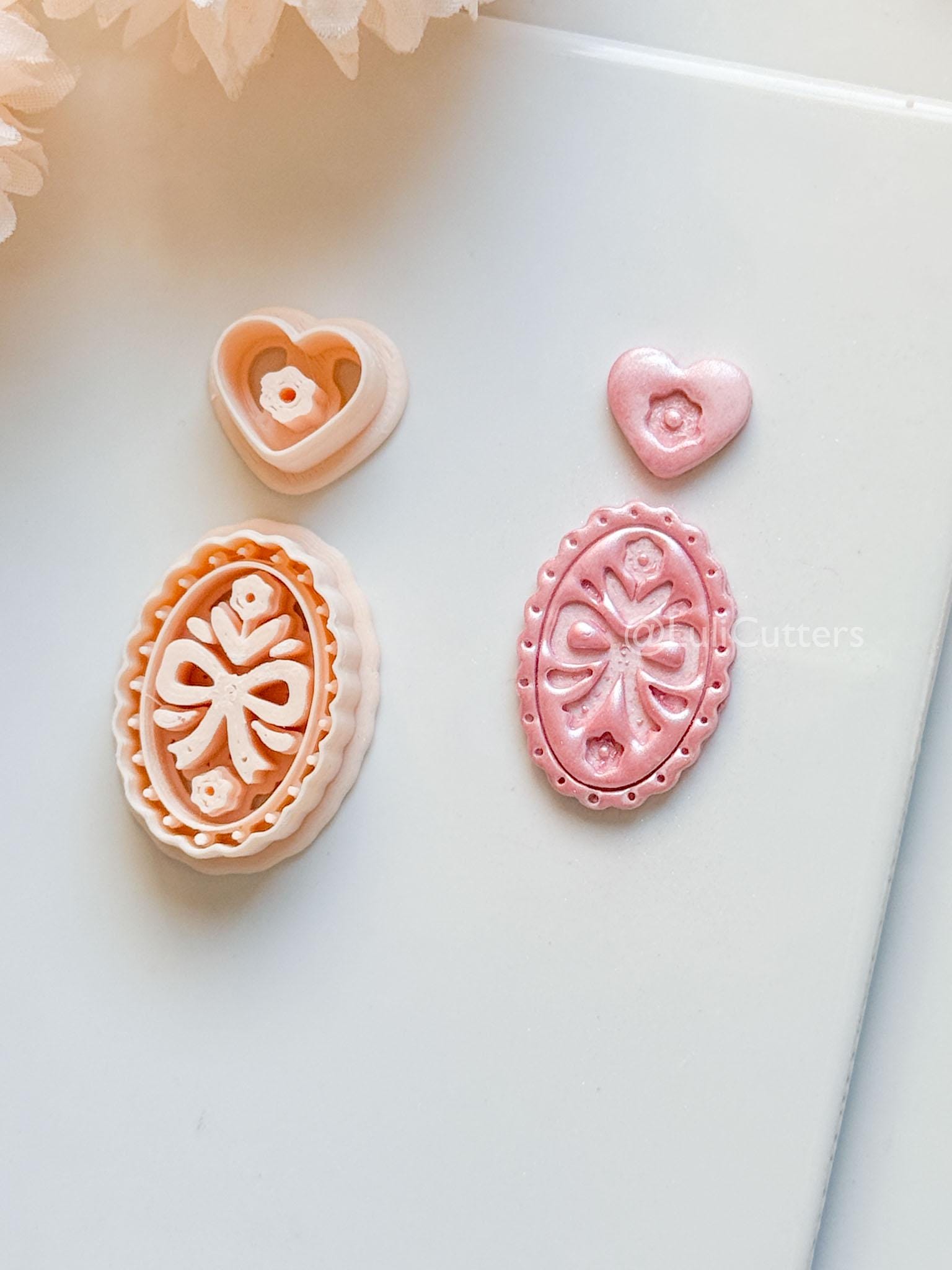 Amelia Bow & Floral Clay Cutter: Oval Pendant and Heart Topper Set