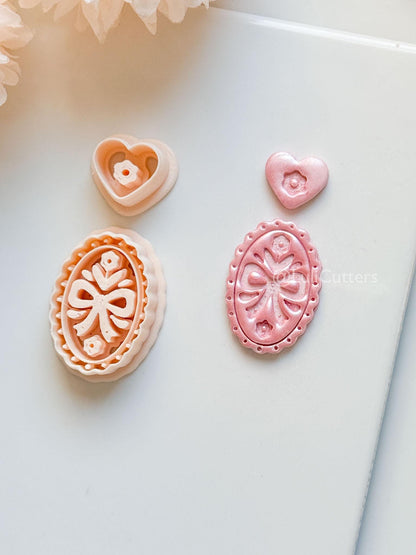 Amelia Bow & Floral Clay Cutter: Oval Pendant and Heart Topper Set
