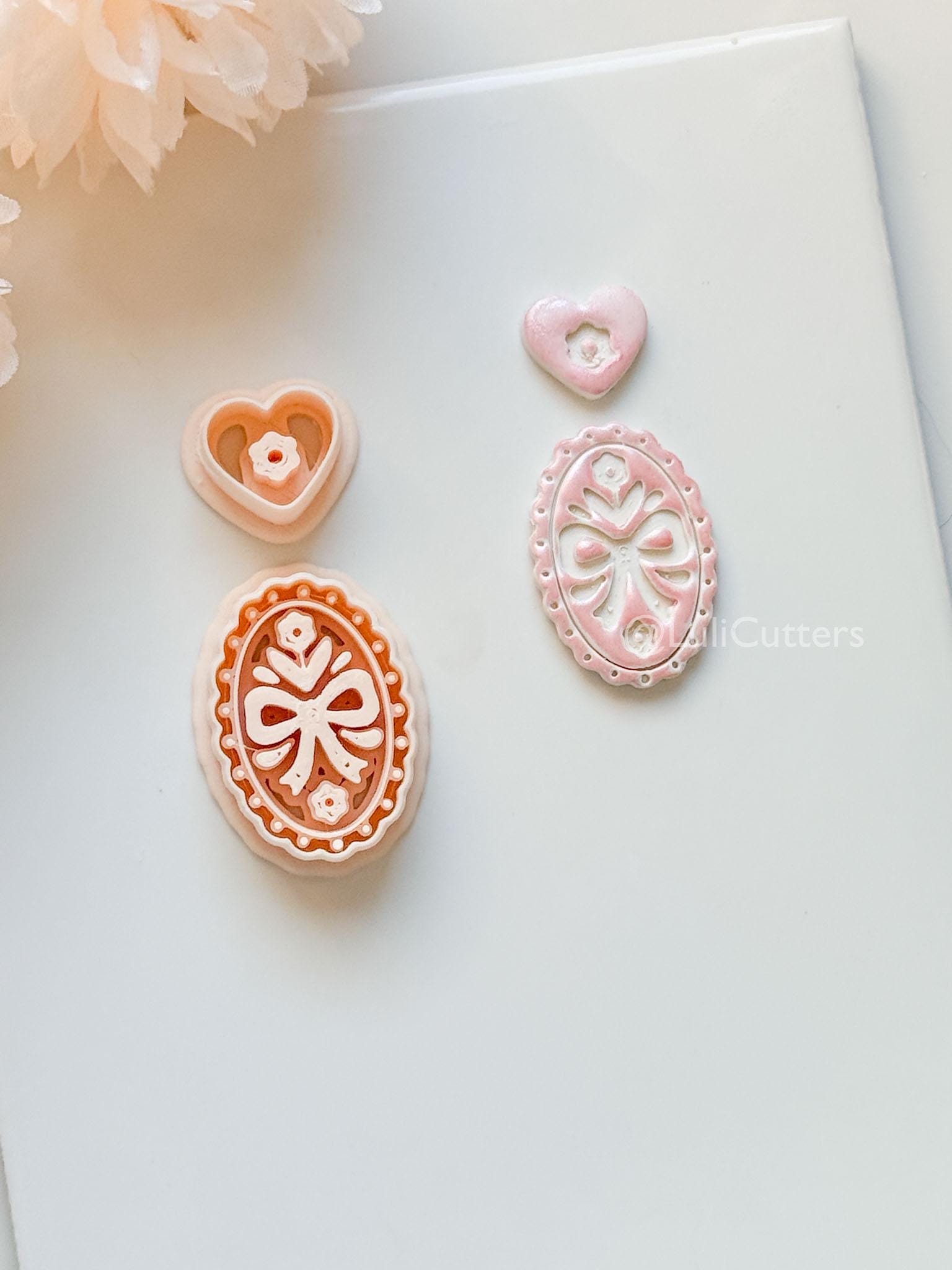 Amelia Bow & Floral Clay Cutter: Oval Pendant and Heart Topper Set