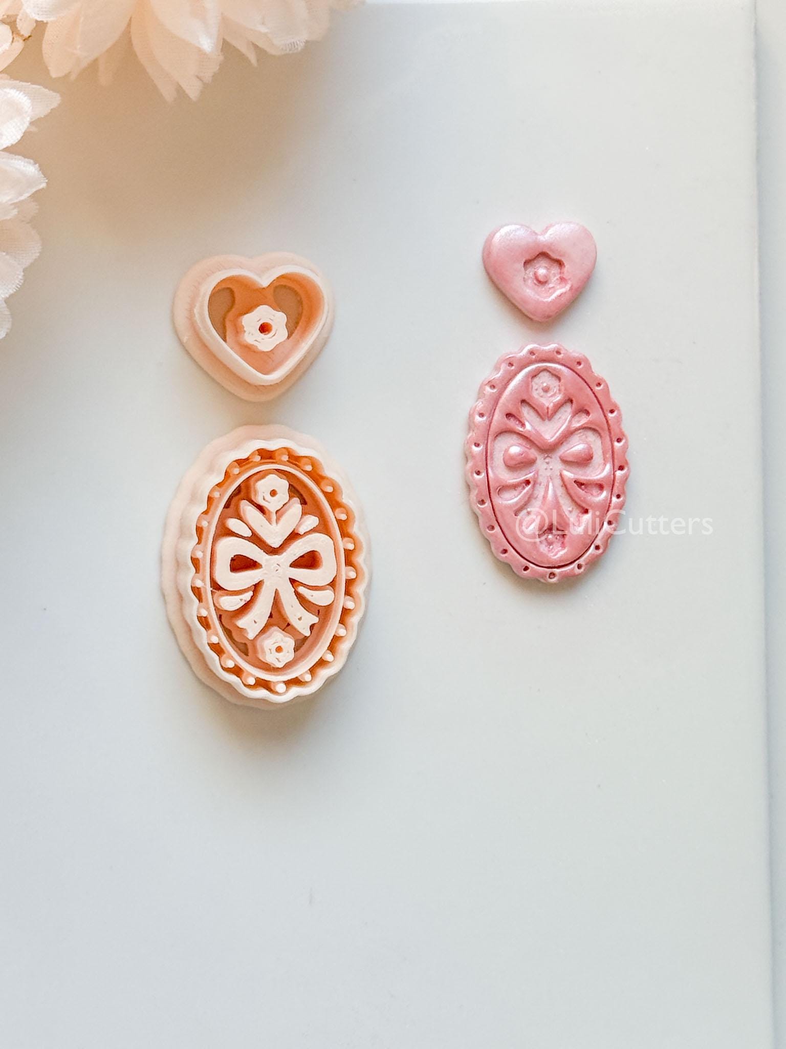 Amelia Bow & Floral Clay Cutter: Oval Pendant and Heart Topper Set