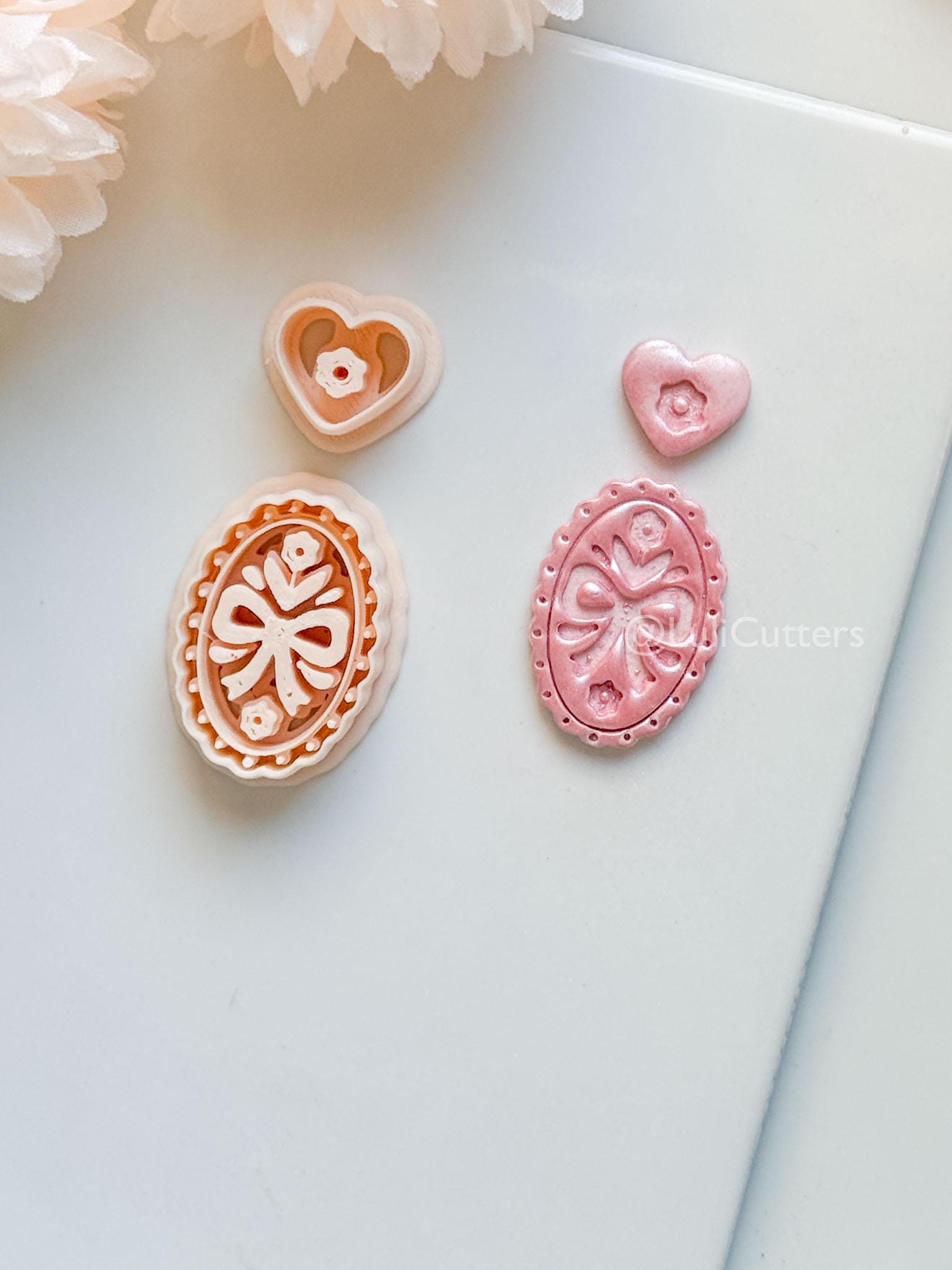 Amelia Bow & Floral Clay Cutter: Oval Pendant and Heart Topper Set